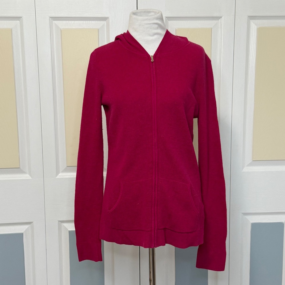 Talbots Womens M Pink‎ Knit Full Zip Up Waffle Hoodie Jacket Pockets - Picture 2 of 8